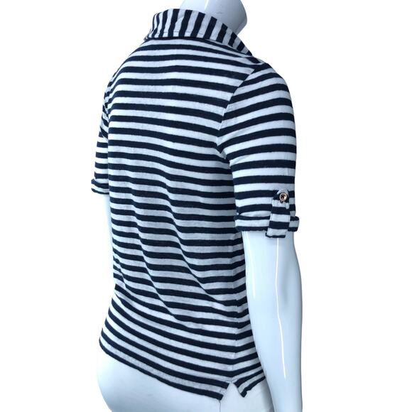 Chicos Womens Size 0 US 4 Small Polo Shirt Blue White Stripe Nautical 100% Linen - Picture 8 of 16